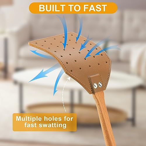 Dirza Leather Fly Swatter for Indoors/Outdoors, Heavy Duty Flyswatter with Walnut Wood Handle 19.7" Long Fly swatted Manual for Bug, Flies, Bees, Mosquitoes