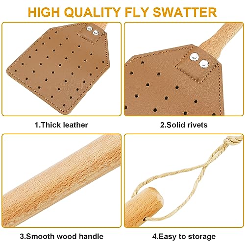 Dirza Leather Fly Swatter for Indoors/Outdoors, Heavy Duty Flyswatter with Walnut Wood Handle 19.7" Long Fly swatted Manual for Bug, Flies, Bees, Mosquitoes