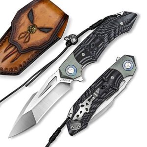 newootz skull theme folding pocket knife with leather sheath, handmade titanium damascus steel decoration handle,4in 58-60hrc blade, edc cool outdoor tanto point knives for men women