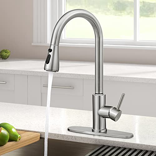 Qomolangma Kitchen Faucet with Pull Down Sprayer, Single Level Stainless Steel Kitchen Sink Faucets, Single Handle High Arc Brushed Nickel Pull Out Kitchen Faucet