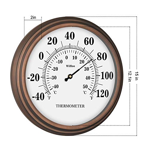 WiHoo 15" Steel Enclosure Indoor/Outdoor Wall Thermometer Decorative for Patio Garden,Porch,Kitchen,Bed Room,Living Room,Office Room