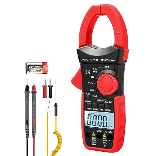 AOPUTTRIVER AP-570S-APP Bluetooth Clamp Meter 1000A AC DC Amp Meter 6000 Counts Auto-ranging Clamp Meter for Amp, Volt, Ohm, Resistance, Capacitance, Continuity, Temperature Clamp-on Meter