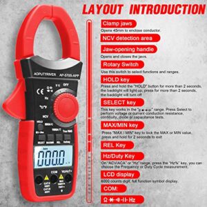 AOPUTTRIVER AP-570S-APP Bluetooth Clamp Meter 1000A AC DC Amp Meter 6000 Counts Auto-ranging Clamp Meter for Amp, Volt, Ohm, Resistance, Capacitance, Continuity, Temperature Clamp-on Meter