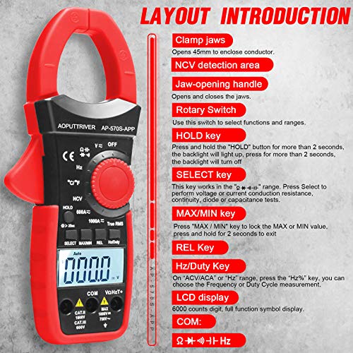 AOPUTTRIVER AP-570S-APP Bluetooth Clamp Meter 1000A AC DC Amp Meter 6000 Counts Auto-ranging Clamp Meter for Amp, Volt, Ohm, Resistance, Capacitance, Continuity, Temperature Clamp-on Meter