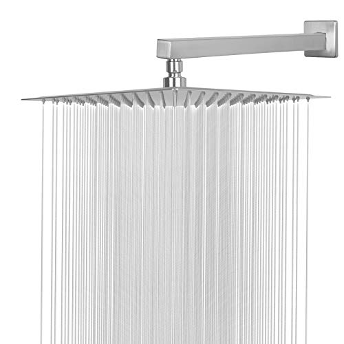 HarJue Shower Head with Extension Arm, High Pressure Square Shower Head with ShowerArm, Stainless Steel Rainfall Showerhead-Waterfall Full Body Coverage (12'' ShowerHead with 16'' Arm, Brushed Nickel)