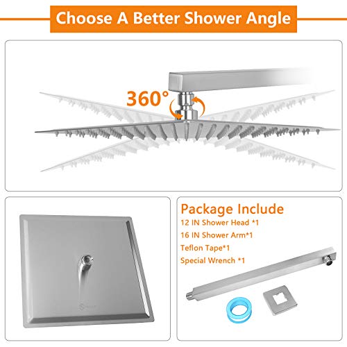 HarJue Shower Head with Extension Arm, High Pressure Square Shower Head with ShowerArm, Stainless Steel Rainfall Showerhead-Waterfall Full Body Coverage (12'' ShowerHead with 16'' Arm, Brushed Nickel)