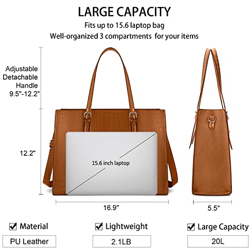 Laptop Bag for Women 15.6 inch Laptop Tote Bag Leather Classy Computer Briefcase for Work Waterproof Handbag Professional Shoulder Bag Women Business Office Bag Large Capacity(Brown)