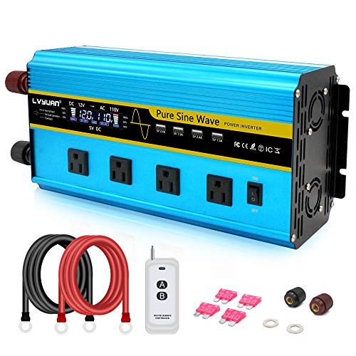 LVYUAN Pure Sine Wave Inverter 3000 Watt Inverter 12V to 110V DC to AC with Remote Controller, LCD Display 4 AC Sockets and 4 USB Ports for Car Truck Solar Power (3000W with Remote Controller) Blue