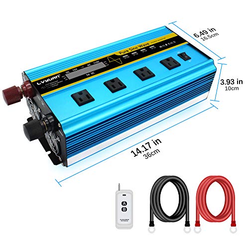 LVYUAN Pure Sine Wave Inverter 3000 Watt Inverter 12V to 110V DC to AC with Remote Controller, LCD Display 4 AC Sockets and 4 USB Ports for Car Truck Solar Power (3000W with Remote Controller) Blue