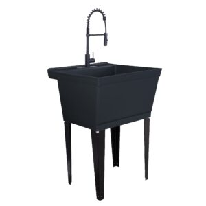 utility sink extra-deep laundry tub in black with high-arc coil pull-down sprayer faucet in matte black, integrated supply lines, p-trap kit, heavy duty floor mounted freestanding wash station
