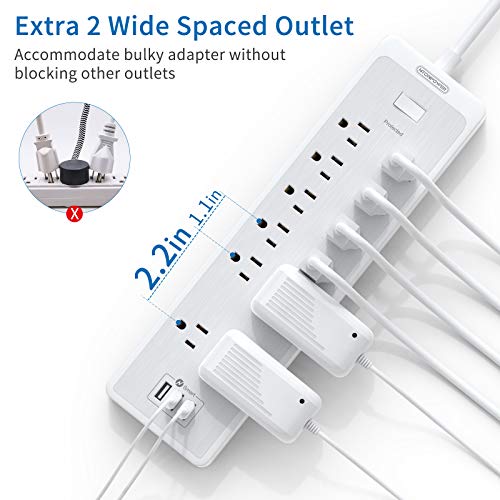 Extension Cord 25 ft, NTONPOWER 12 Outlet Surge Protector Power Strip with 3 USB Ports, 2100 Joules, 1875W/15A, Overload Protection, Flat Plug, Wall Mount for Home Office, Workbench, Garage, White