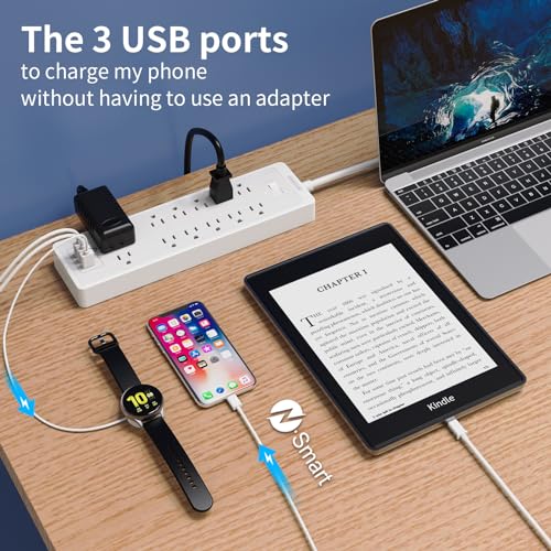 Extension Cord 25 ft, NTONPOWER 12 Outlet Surge Protector Power Strip with 3 USB Ports, 2100 Joules, 1875W/15A, Overload Protection, Flat Plug, Wall Mount for Home Office, Workbench, Garage, White