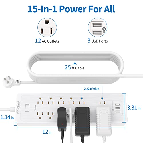 Extension Cord 25 ft, NTONPOWER 12 Outlet Surge Protector Power Strip with 3 USB Ports, 2100 Joules, 1875W/15A, Overload Protection, Flat Plug, Wall Mount for Home Office, Workbench, Garage, White