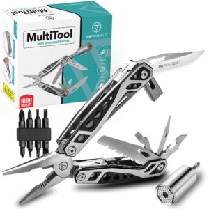 multi tool with universal socket - 22 in 1 stainless steel multipurpose tool with saw, pocket knife, wire stripper & more - small tools for diy enthusiasts, hobbyists, & professionals by drfriedels