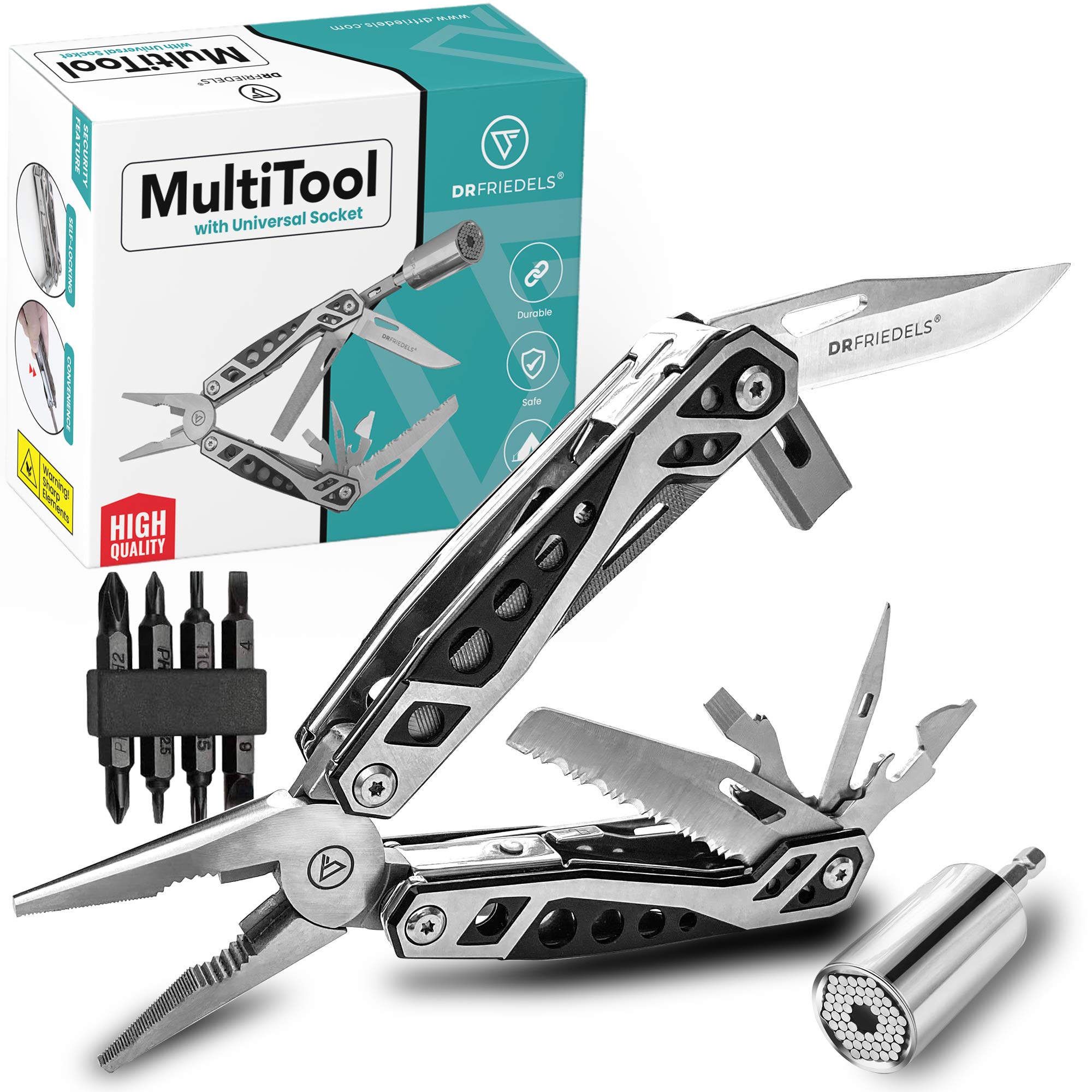 Multi Tool with Universal Socket - 22 in 1 Stainless Steel Multipurpose Tool with Saw, Pocket Knife, Wire Stripper & More - Small Tools for DIY Enthusiasts, Hobbyists, & Professionals by DrFriedels