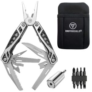 Multi Tool with Universal Socket - 22 in 1 Stainless Steel Multipurpose Tool with Saw, Pocket Knife, Wire Stripper & More - Small Tools for DIY Enthusiasts, Hobbyists, & Professionals by DrFriedels