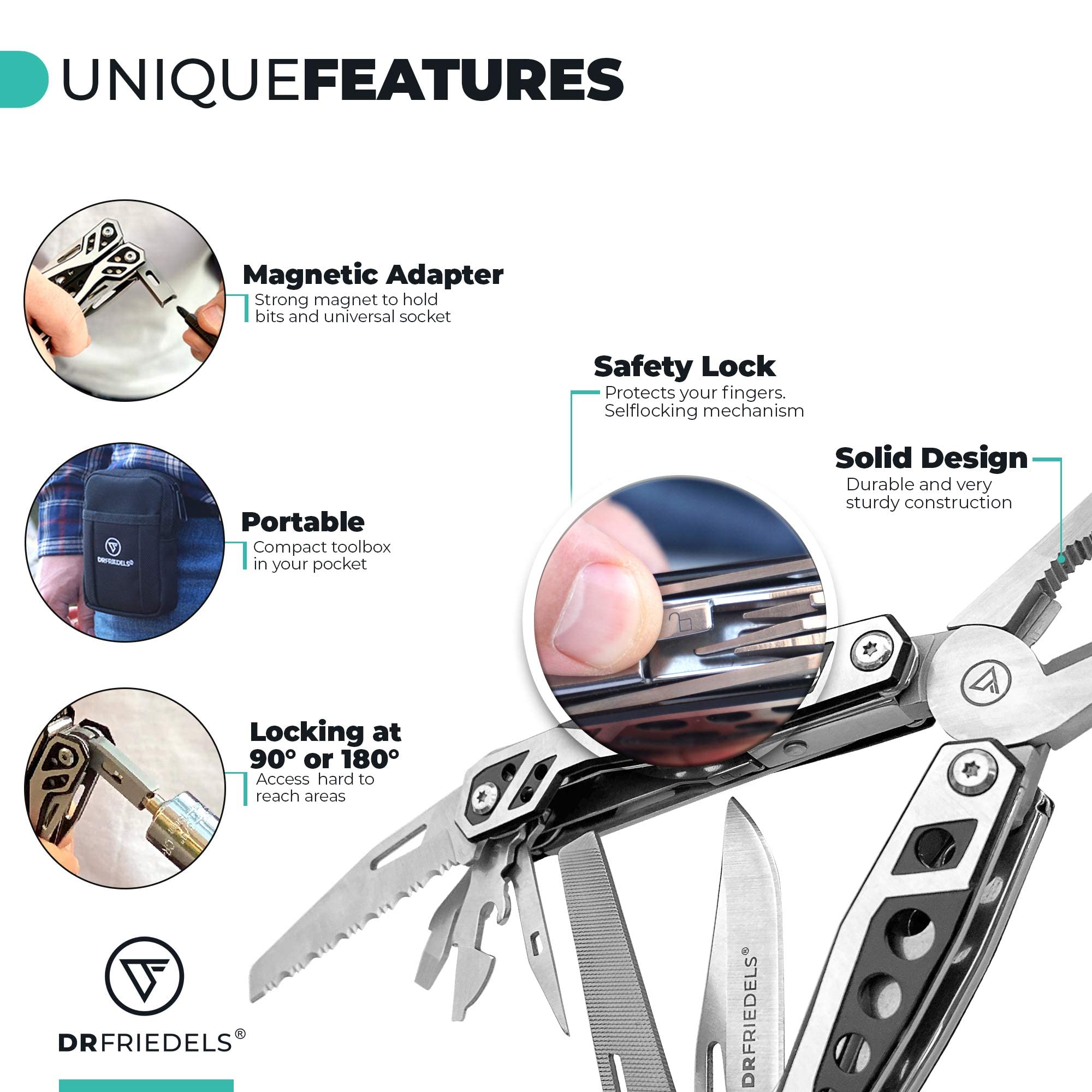 Multi Tool with Universal Socket - 22 in 1 Stainless Steel Multipurpose Tool with Saw, Pocket Knife, Wire Stripper & More - Small Tools for DIY Enthusiasts, Hobbyists, & Professionals by DrFriedels