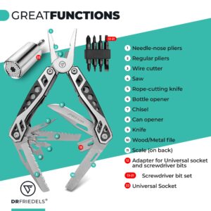 Multi Tool with Universal Socket - 22 in 1 Stainless Steel Multipurpose Tool with Saw, Pocket Knife, Wire Stripper & More - Small Tools for DIY Enthusiasts, Hobbyists, & Professionals by DrFriedels