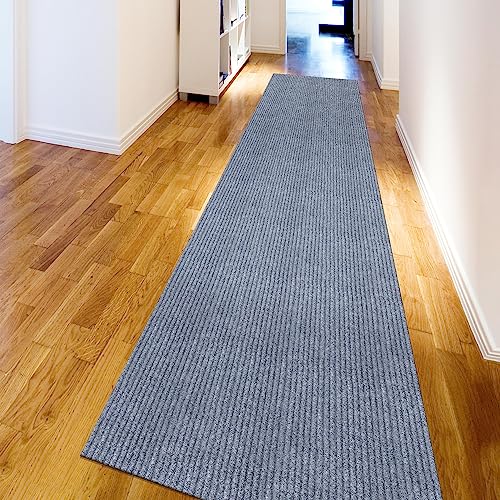 Sweet Home Stores Washable Rib Design Indoor/Outdoor Rubberback Runner Rug, Grey, 2'7" x 9'10"