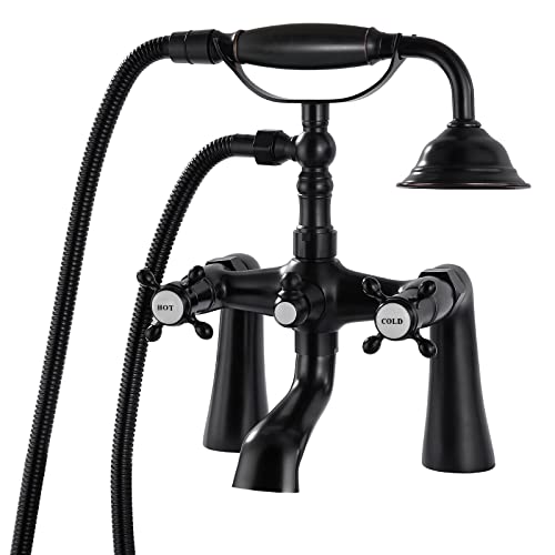 gotonovo Oil Rubbed Bronze Deck Mount Tub Bathtub Clawfoot Faucet with Handheld Shower Telephone Shaped Sprayer Showerheld Double Cross Handle