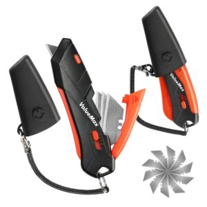 valuemax 2-pack box cutter knife, self-retracting 3-position locking blade, safety sheath, lanyard, extra blades included