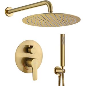 shower system, brushed gold shower faucet set contain high pressure 12 inch round rain shower head with handheld, wall mounted golden brush rainfall shower mixer combo set for bathroom