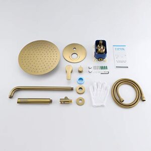 Shower System, Brushed Gold Shower Faucet Set Contain High Pressure 12 inch Round Rain Shower Head with Handheld, Wall Mounted Golden Brush Rainfall Shower Mixer Combo Set for Bathroom