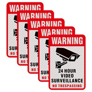 5 pieces 24 hours video recording surveillance no trespassing sign sticker. self adhesive 5.9 x 4 inch, it is made of reflective film,printed with uv ink,waterproof and sunscreen, not fade.