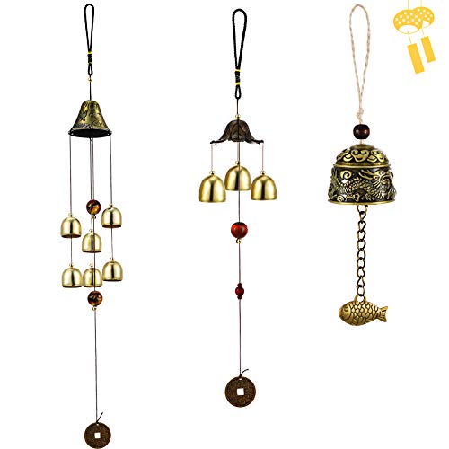 3 Pieces Feng Shui Wind Bell Lucky Wind Chimes Chinese Metal Bell Vintage Dragon and Fish Feng Shui Hanging Chime for Good Luck, Safe, Home Garden Patio Hanging Decoration, 3 Bells, 6 Bells