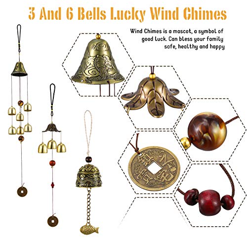 3 Pieces Feng Shui Wind Bell Lucky Wind Chimes Chinese Metal Bell Vintage Dragon and Fish Feng Shui Hanging Chime for Good Luck, Safe, Home Garden Patio Hanging Decoration, 3 Bells, 6 Bells