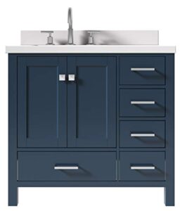 ariel 37" midnight blue bathroom vanity with 1.5" edge pure white quartz countertop & backsplash, left rectangular sink, 2 soft closing doors, 5 full extension dovetail drawers, satin nickel