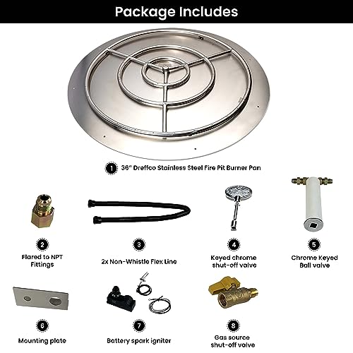 Dreffco Stainless Steel Fire Pit Burner Pan & Ring Pro Kit for Natural Gas, 36-Inch Pan, 30-Inch Ring, 200,000 BTU Max