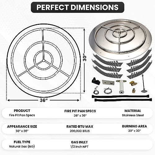 Dreffco Stainless Steel Fire Pit Burner Pan & Ring Pro Kit for Natural Gas, 36-Inch Pan, 30-Inch Ring, 200,000 BTU Max
