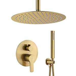 gold shower system, ceiling shower faucet has 12 inch round gold rain shower head with handheld and valve, tipok brush gold rainfall shower head system