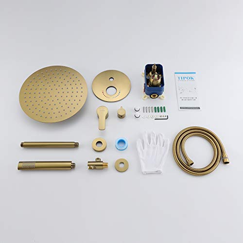 Gold Shower System, Ceiling Shower Faucet Has 12 Inch Round Gold Rain Shower Head With Handheld and Valve, TIPOK Brush Gold Rainfall Shower Head System