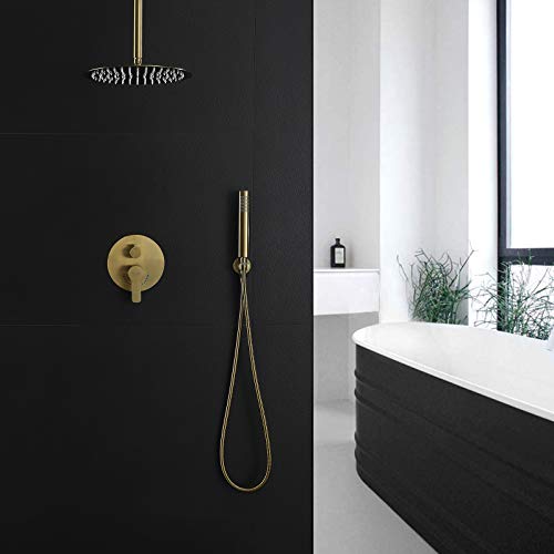 Gold Shower System, Ceiling Shower Faucet Has 12 Inch Round Gold Rain Shower Head With Handheld and Valve, TIPOK Brush Gold Rainfall Shower Head System