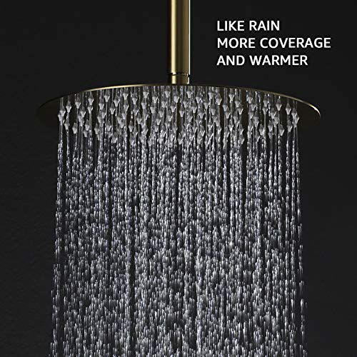 Gold Shower System, Ceiling Shower Faucet Has 12 Inch Round Gold Rain Shower Head With Handheld and Valve, TIPOK Brush Gold Rainfall Shower Head System