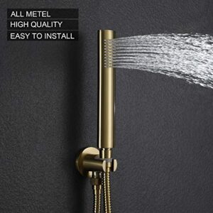 Gold Shower System, Ceiling Shower Faucet Has 12 Inch Round Gold Rain Shower Head With Handheld and Valve, TIPOK Brush Gold Rainfall Shower Head System