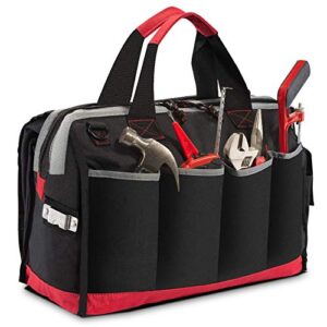 Pnochoo Waterproof Tool Bags for Men or Women, 16-inch Wide Mouth Tool Tote Bag with 25 Pockets for Tool Organizer & Storage, with Adjustable Shoulder Strap (16IN, Black/Red)