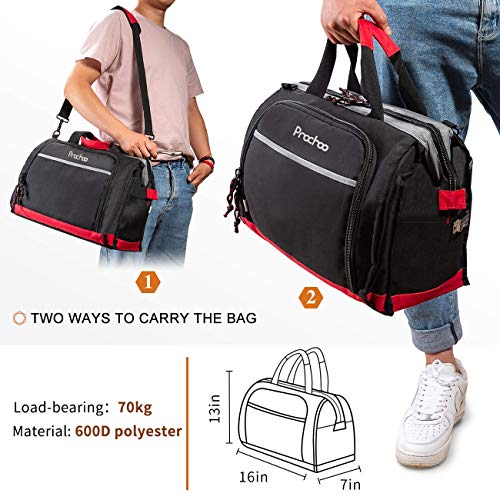 Pnochoo Waterproof Tool Bags for Men or Women, 16-inch Wide Mouth Tool Tote Bag with 25 Pockets for Tool Organizer & Storage, with Adjustable Shoulder Strap (16IN, Black/Red)