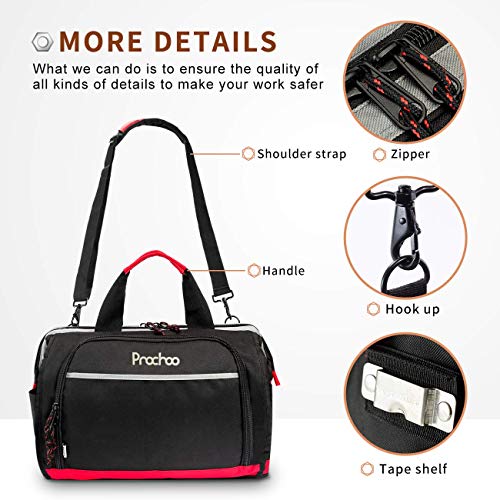 Pnochoo Waterproof Tool Bags for Men or Women, 16-inch Wide Mouth Tool Tote Bag with 25 Pockets for Tool Organizer & Storage, with Adjustable Shoulder Strap (16IN, Black/Red)