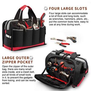 Pnochoo Waterproof Tool Bags for Men or Women, 16-inch Wide Mouth Tool Tote Bag with 25 Pockets for Tool Organizer & Storage, with Adjustable Shoulder Strap (16IN, Black/Red)