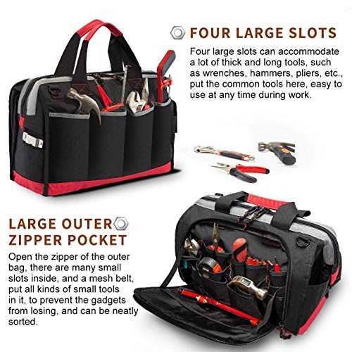 Pnochoo Waterproof Tool Bags for Men or Women, 16-inch Wide Mouth Tool Tote Bag with 25 Pockets for Tool Organizer & Storage, with Adjustable Shoulder Strap (16IN, Black/Red)