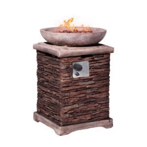 aquilla propane gas fire pit, stone imitation surface, outdoor 40000 btu heater w free lava rocks and rain cover, can fits 20 gal propane tank (exclud) inside for garden, poolside, backyard