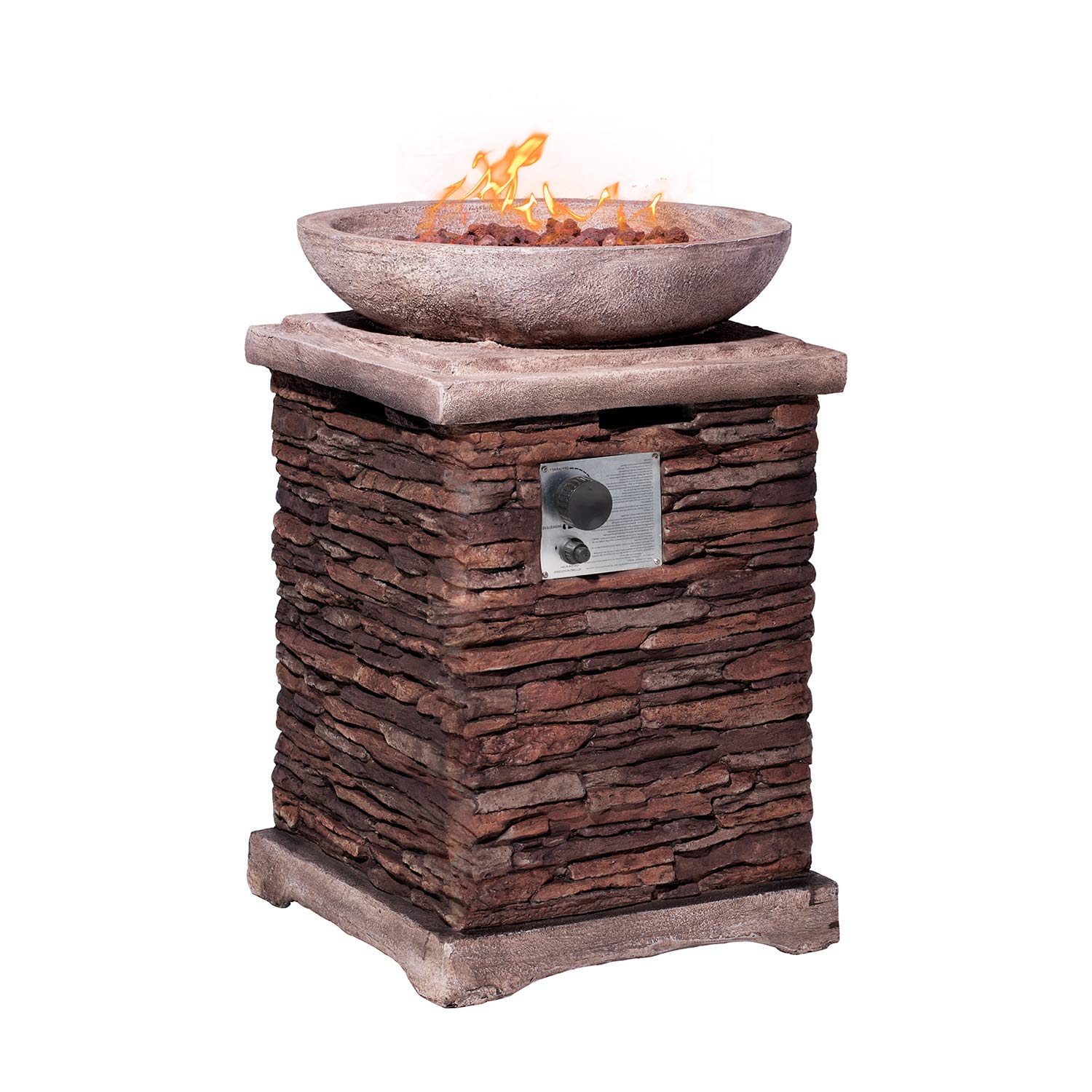 AQUILLA Propane Gas Fire Pit, Stone Imitation Surface, Outdoor 40000 BTU Heater w Free Lava Rocks and Rain Cover, Can Fits 20 Gal Propane Tank (exclud) Inside for Garden, Poolside, Backyard