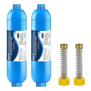 rv inline water filter with flexible hose protector, certified by nsf to reduce bad taste, odors, rust, chlorine, lead, fluoride and more sediment in drinking water (2 packs)