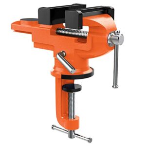 nuovoware table vise 3 inch, 360° swivel base universal home vise portable bench clamp, clamp-on vise bench clamps fixed tool for woodworking, metalworking, cutting conduit, drilling, sawing, orange