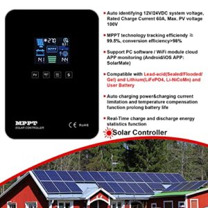 MPPT Charge Controller 60A +WIFI Cloud Moduel，12V/24V Auto Max Input 100V, 780W/1560W for Lead-Acid, Lithium Battery Charging , Common Negative. Support PC Software【WiFi module cloud APP monitoring 】