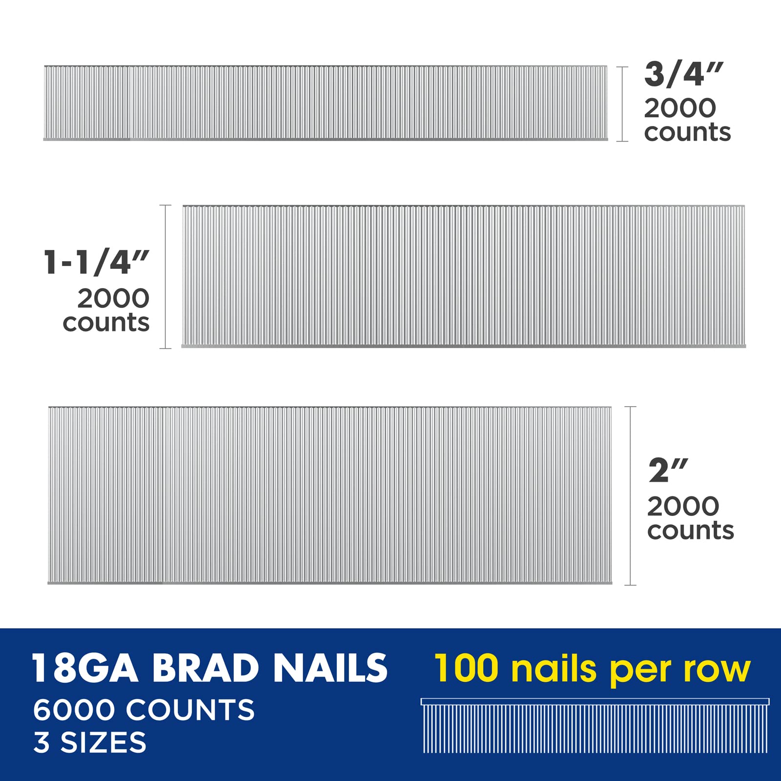 WORKPRO 18 Gauge Brad Nails, 2'',1-1/4'', 3/4'' 6000 Count Universal Brad Nails for Pneumatic, Electric Brad Nailer