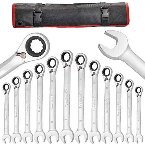 Towallmark 12-Piece Wrench Set, Reversible Ratcheting Combination Set, Metric 8mm-19mm, 72 Teeth, Cr-V Steel Ratchet Wrenches Set with Storage Bag for motorcycle/car /mechanical etc.